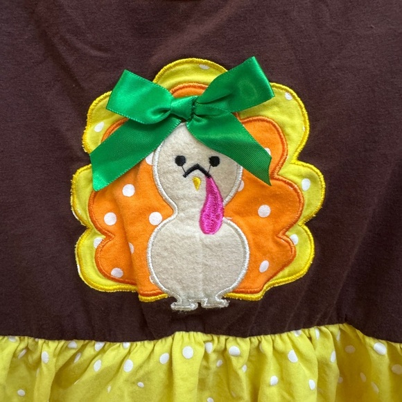 Girls 2T Brown, Yellow, Orange Long Sleeve Thanksgiving Turkey Long Sleeve Dress - Picture 2 of 5